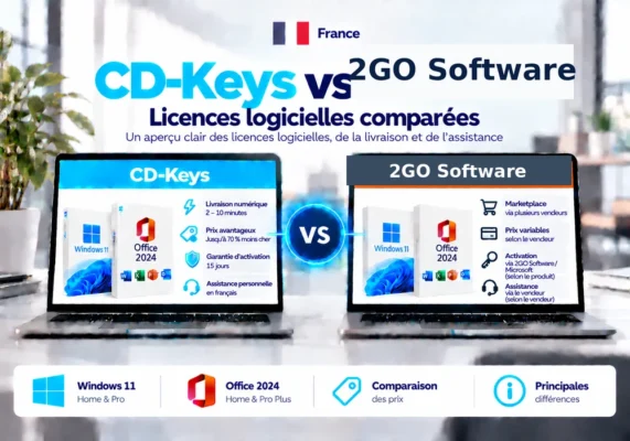 Image Comparative Neutre De Cd-Keys Et 2Go Software Sur Les Licences Logicielles, La Livraison, L’activation Et L’assistance En France.