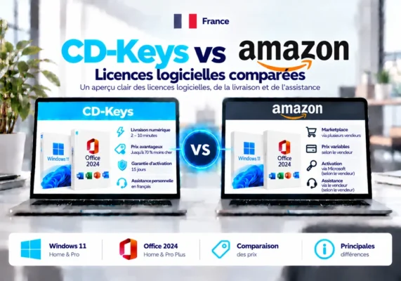 CD-Keys vs Amazon France: softwarelicenties vergeleken (2026) 3 Image Comparative Neutre De Cd-Keys Et Amazon Sur Les Licences Logicielles, La Livraison, L’activation Et L’assistance En France.