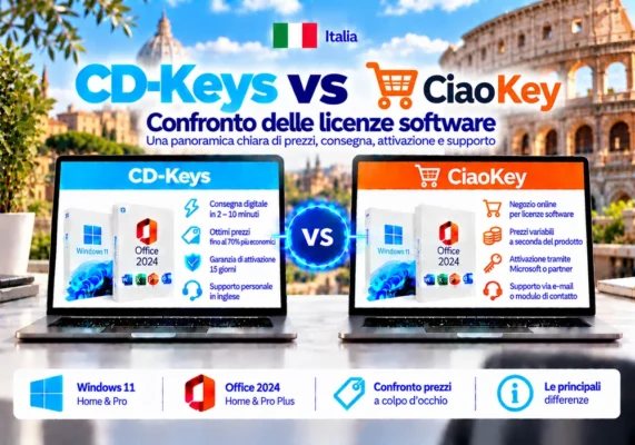 Immagine Comparativa Neutrale Tra Cd-Keys E Ciaokey Su Licenze Software, Consegna Digitale, Attivazione E Assistenza In Italia.