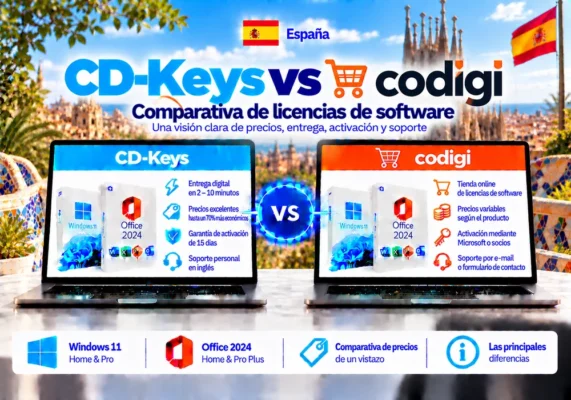 Imagen Comparativa Neutral Entre Cd-Keys Y Codigi.es Sobre Licencias De Software, Entrega Digital, Activación Y Soporte En España.