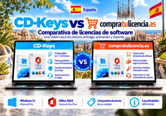 Imagen Comparativa Neutral Entre Cd-Keys Y Compratulicencia.es Sobre Licencias De Software, Entrega Digital, Activación Y Soporte En España.