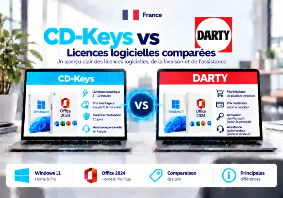 CD-Keys vs Darty: softwarelicenties vergeleken (2026) 3 Image Comparative Neutre De Cd-Keys Et Darty Sur Les Licences Logicielles, La Livraison, L’activation Et L’assistance En France.