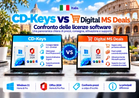 CD-Keys vs Digital MS Deals: softwarelicenties vergeleken (2026) 3 Immagine Comparativa Neutrale Tra Cd-Keys E Digital Ms Deals Su Licenze Software, Consegna Digitale, Attivazione E Assistenza In Italia.
