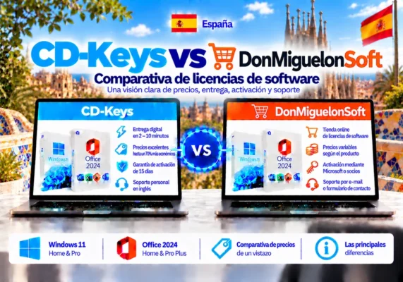 Imagen Comparativa Neutral Entre Cd-Keys Y Donmiguelonsoft Sobre Licencias De Software, Entrega Digital, Activación Y Soporte En España.