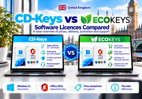 CD-Keys vs EcoKeys: softwarelicenties vergeleken (2026) 3 Neutral Comparison Image Of Cd-Keys And Ecokeys Covering Software Licences, Delivery, Activation And Support In The United Kingdom.