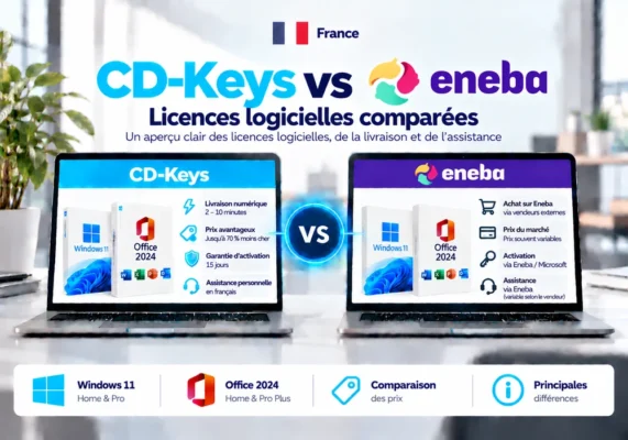 Image Comparative Neutre De Cd-Keys Et Eneba Sur Les Licences Logicielles, La Livraison, L’activation Et L’assistance En France.
