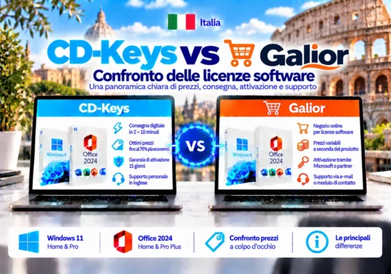 CD-Keys vs Galior: softwarelicenties vergeleken (2026) 3 Immagine Comparativa Tra Cd-Keys E Galior Su Licenze Software Windows 11 E Office 2024, Prezzi, Consegna Digitale, Attivazione E Assistenza In Italia.