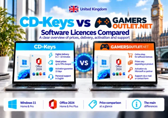 CD-Keys vs Gamers-Outlet.net: softwarelicenties vergeleken (2026) 3 Neutral Comparison Image Of Cd-Keys And Gamers-Outlet.net Covering Software Licences, Delivery, Activation And Support In The United Kingdom.