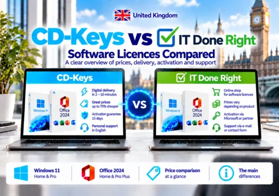 Neutral Comparison Image Of Cd-Keys And It Done Right Covering Software Licences, Delivery, Activation And Support In The United Kingdom.