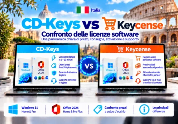 Immagine Comparativa Neutrale Tra Cd-Keys E Keycense Su Licenze Software, Consegna Digitale, Attivazione E Assistenza In Italia.
