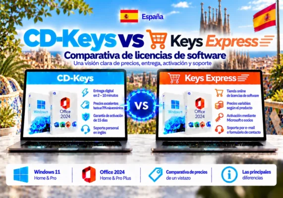 CD-Keys vs Keys.Express: softwarelicenties vergeleken (2026) 3 Imagen Comparativa Neutral Entre Cd-Keys Y Keys Express Sobre Licencias De Software, Entrega Digital, Activación Y Soporte En España.