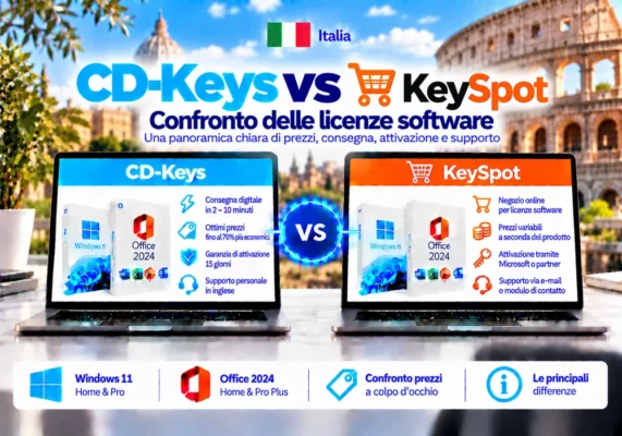 Immagine Comparativa Neutrale Tra Cd-Keys E Keyspot Su Licenze Software, Consegna Digitale, Attivazione E Assistenza In Italia.
