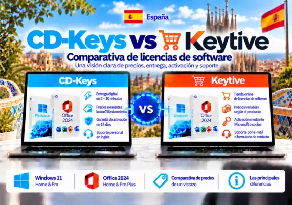 Imagen Comparativa Neutral Entre Cd-Keys Y Keytive Sobre Licencias De Software, Entrega Digital, Activación Y Soporte En España.