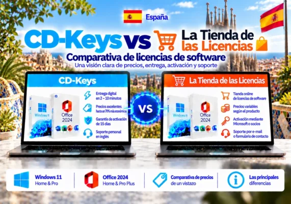 Imagen Comparativa Neutral Entre Cd-Keys Y La Tienda De Las Licencias Sobre Licencias De Software, Entrega Digital, Activación Y Soporte En España.