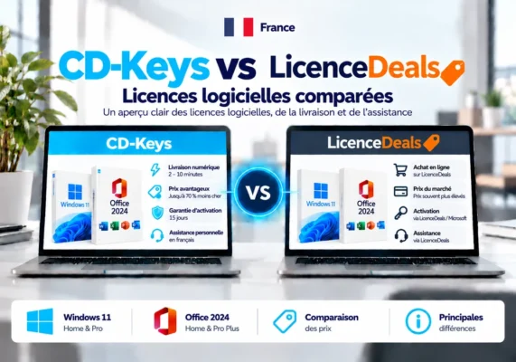 CD-Keys vs LicenceDeals: softwarelicenties vergeleken (2026) 3 Image Comparative Neutre De Cd-Keys Et Licencedeals Sur Les Licences Logicielles, La Livraison, L’activation Et L’assistance En France.