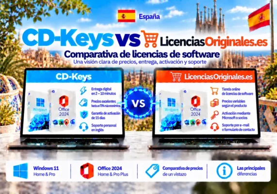 Imagen Comparativa Neutral Entre Cd-Keys Y Licenciasoriginales.es Sobre Licencias De Software, Entrega Digital, Activación Y Soporte En España.