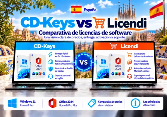 Imagen Comparativa Neutral Entre Cd-Keys Y Licendi Sobre Licencias De Software, Entrega Digital, Activación Y Soporte En España.