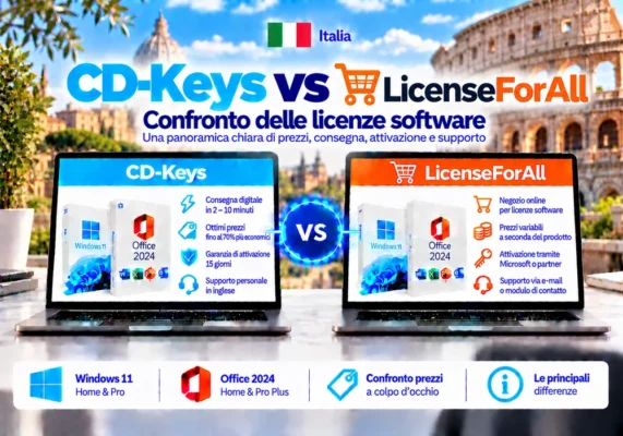 Immagine Comparativa Neutrale Tra Cd-Keys E Licenseforall Su Licenze Software, Consegna Digitale, Attivazione E Assistenza In Italia.