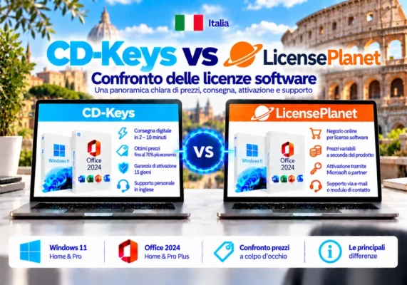 Immagine Comparativa Neutrale Tra Cd-Keys E Licenseplanet Su Licenze Software, Consegna Digitale, Attivazione E Assistenza In Italia.
