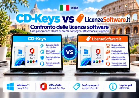 Immagine Comparativa Neutrale Tra Cd-Keys E Licenzesoftware.it Su Licenze Software, Consegna Digitale, Attivazione E Assistenza In Italia.