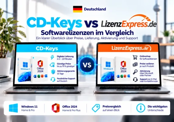 CD-Keys vs Lizenzexpress.de: softwarelicenties vergeleken (2026) 3 Neutrales Vergleichsbild Von Cd-Keys Und Lizenzexpress.de Zu Softwarelizenzen, Lieferung, Aktivierung Und Support In Deutschland.