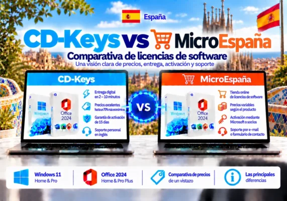 Imagen Comparativa Neutral Entre Cd-Keys Y Microespaña Sobre Licencias De Software, Entrega Digital, Activación Y Soporte En España.