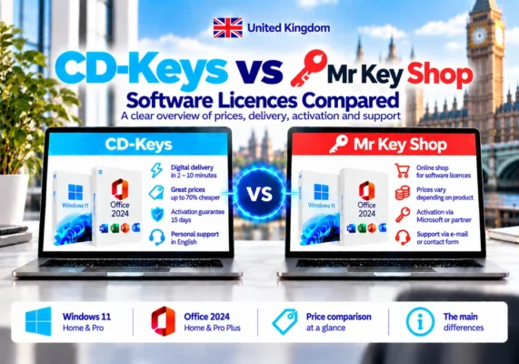 Neutral Comparison Image Of Cd-Keys And Mr Key Shop Covering Software Licences, Delivery, Activation And Support In The United Kingdom.