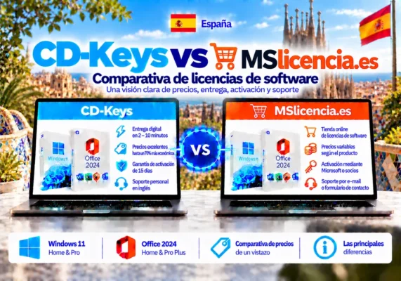 Imagen Comparativa Neutral Entre Cd-Keys Y Mslicencia.es Sobre Licencias De Software, Entrega Digital, Activación Y Soporte En España.