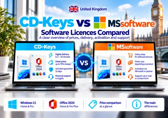 Neutral Comparison Image Of Cd-Keys And Mssoftware Covering Software Licences, Delivery, Activation And Support In The United Kingdom.