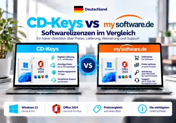 CD-Keys vs mysoftware.de: softwarelicenties vergeleken (2026) 3 Neutrales Vergleichsbild Von Cd-Keys Und Mysoftware.de Zu Softwarelizenzen, Lieferung, Aktivierung Und Support In Deutschland.