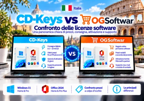 Immagine Comparativa Neutrale Tra Cd-Keys E Ogsoftwar Su Licenze Software, Consegna Digitale, Attivazione E Assistenza In Italia.
