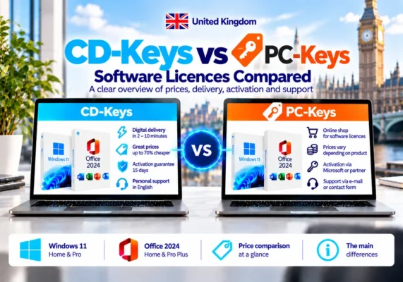 Neutral Comparison Image Of Cd-Keys And Pc-Keys Covering Software Licences, Delivery, Activation And Support In The United Kingdom.