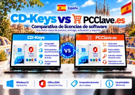 Imagen Comparativa Neutral Entre Cd-Keys Y Pcclave.es Sobre Licencias De Software, Entrega Digital, Activación Y Soporte En España.