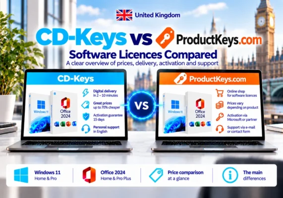 Neutral Comparison Image Of Cd-Keys And Productkeys.com Covering Software Licences, Delivery, Activation And Support In The United Kingdom.