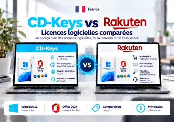 CD-Keys vs Rakuten France: softwarelicenties vergeleken (2026) 3 Image Comparative Neutre De Cd-Keys Et Rakuten Sur Les Licences Logicielles, La Livraison, L’activation Et L’assistance En France.