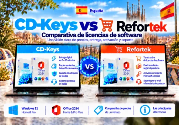 Imagen Comparativa Neutral Entre Cd-Keys Y Refortek Sobre Licencias De Software, Entrega Digital, Activación Y Soporte En España.
