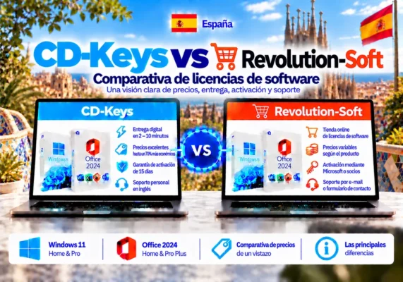 CD-Keys vs Revolution Soft: softwarelicenties vergeleken (2026) 3 Imagen Comparativa Neutral Entre Cd-Keys Y Revolution Soft Sobre Licencias De Software, Entrega Digital, Activación Y Soporte En España.