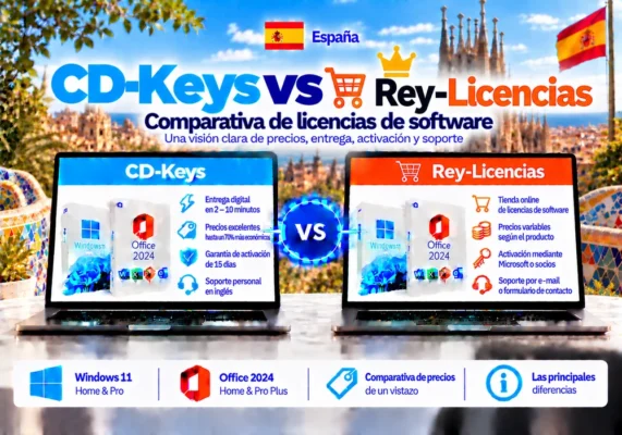 Imagen Comparativa Neutral Entre Cd-Keys Y Rey-Licencias Sobre Licencias De Software, Entrega Digital, Activación Y Soporte En España.