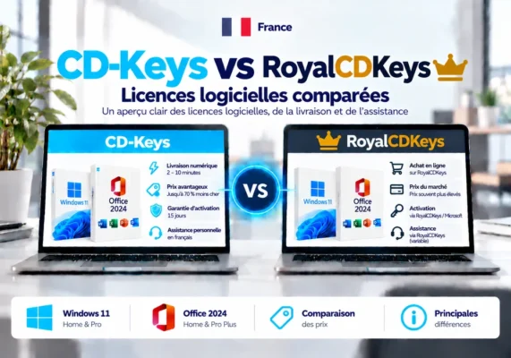 Image Comparative Neutre De Cd-Keys Et Royalcdkeys Sur Les Licences Logicielles, La Livraison, L’activation Et L’assistance En France.