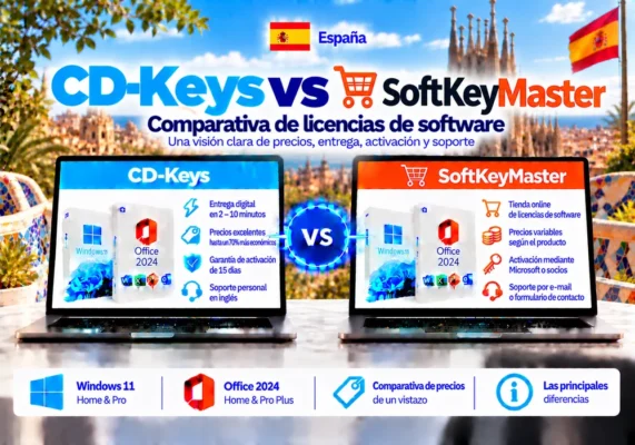 Imagen Comparativa Neutral Entre Cd-Keys Y Softkeymaster Sobre Licencias De Software, Entrega Digital, Activación Y Soporte En España.