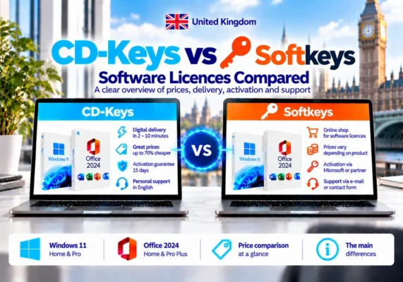 Neutral Comparison Image Of Cd-Keys And Softkeys Covering Software Licences, Delivery, Activation And Support In The United Kingdom.
