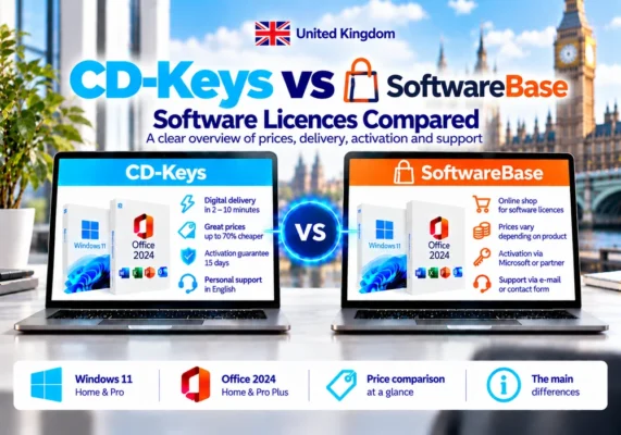 Neutral Comparison Image Of Cd-Keys And Softwarebase Covering Software Licences, Delivery, Activation And Support In The United Kingdom.