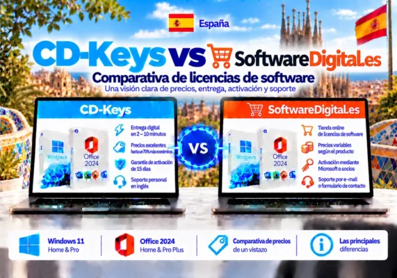 Imagen Comparativa Neutral Entre Cd-Keys Y Softwaredigital.es Sobre Licencias De Software, Entrega Digital, Activación Y Soporte En España.