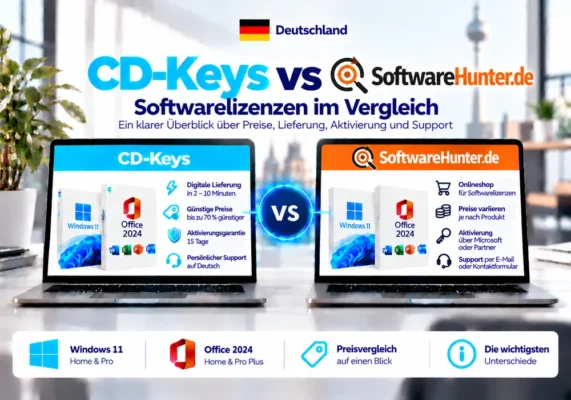 CD-Keys vs Softwarehunter.de: softwarelicenties vergeleken (2026) 3 Neutrales Vergleichsbild Von Cd-Keys Und Softwarehunter.de Zu Softwarelizenzen, Lieferung, Aktivierung Und Support In Deutschland.