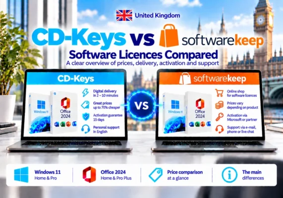 Neutral Comparison Image Of Cd-Keys And Softwarekeep Covering Software Licences, Delivery, Activation And Support In The United Kingdom.