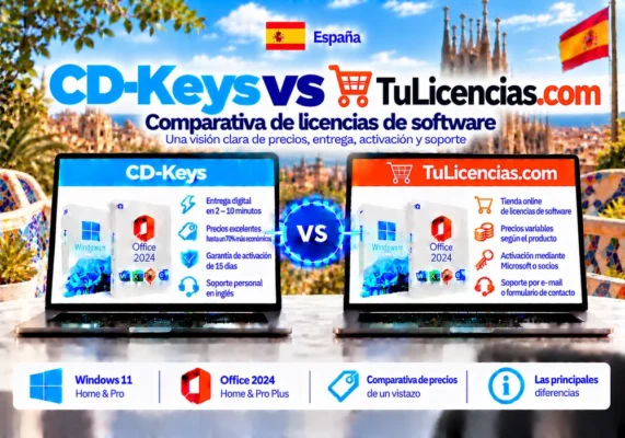 Imagen Comparativa Neutral Entre Cd-Keys Y Tulicencias.com Sobre Licencias De Software, Entrega Digital, Activación Y Soporte En España.