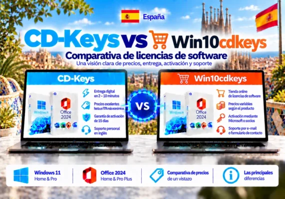 Imagen Comparativa Neutral Entre Cd-Keys Y Win10Cdkeys Sobre Licencias De Software, Entrega Digital, Activación Y Soporte En España.